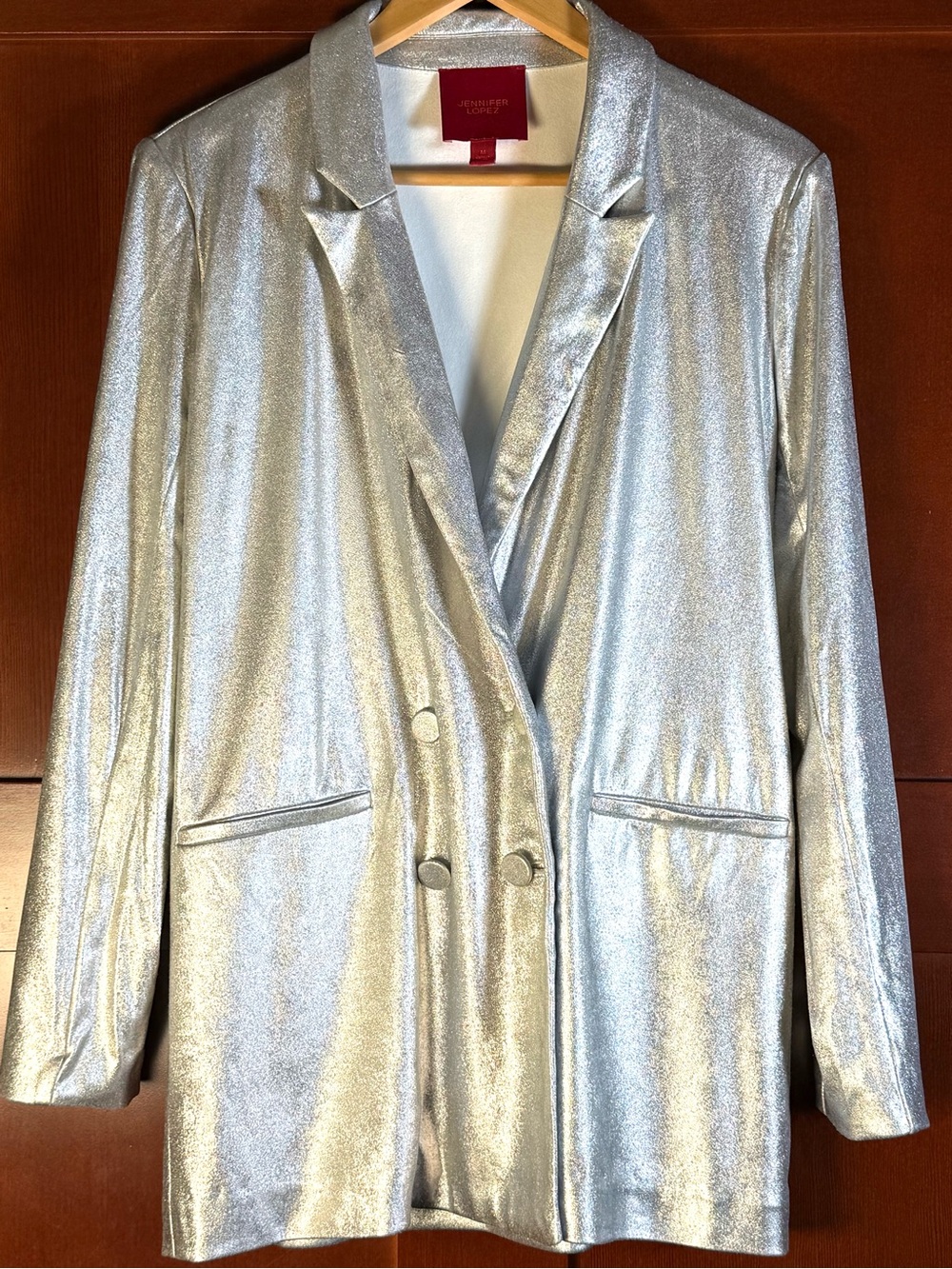 Jennifer Lopez Silver Metallic Double Breasted Blazer Size M
